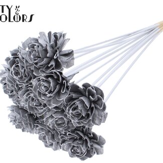 QC Shola Houten Dahlia sur tige | Couleur : Argenté | Shola Dhaliya Piquet décoratif | Diamètre de la fleur 6 centimètres | Longueur ± 50 centimètres | 10 piquets décoratifs par bouquet