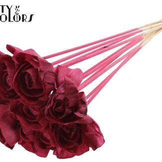 QC Shola Wooden Rose on Stem | Colour: Burgundy | Shola Dear Holly Stick | Rose Diameter 6 centimetres | Stick Length ± 50 centimetres | 10 sticks per bunch