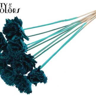 QC Shola Wooden Carnation Flower on stick | Colour: Turquoise | Shola Carnation Flower Stick | Flower diameter 6 centimetres | Stick length ± 50 centimetres | 10 sticks per bunch