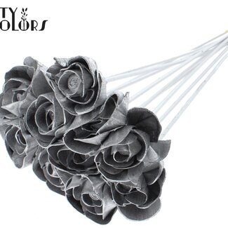 QC Shola Holz Rose auf Stiel | Farbe: Silberfarben | Shola Dear Holly Stecker | Durchmesser der Rose 6 Zentimeter | Länge des Steckers ± 50 Zentimeter | 10 Stecker pro Bund