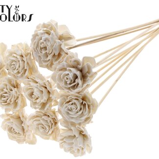 QC Shola Houten met was Dahlia op stok | Kleur: Wit | Shola Dhaliya Bijsteker | Diameter bloem 6 centimeter | Lengte ± 50 centimeter | 10 bijstekers per bos