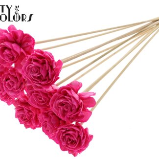 QC Shola Wooden with Dahlia on stick | Colour: Cherry-coloured | Shola Dahlia Pick | Flower diameter 6 centimetres | Length ± 50 centimetres | 10 picks per bunch