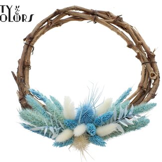 QC Couronne de Fleurs Séchées avec Sarment de Vigne “Océan” | Couleur : Bleu | Diamètre 30 centimètres | Par 5 couronnes