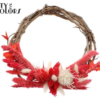 QC Couronne de fleurs séchées en sarments de vigne “Ruby” | Couleur : Rouge | Diamètre 30 centimètres | Par 5 couronnes