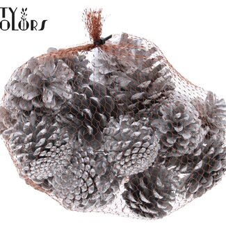 QC Dennenappels | Kleur: Zilverkleurig | Gewicht 500 gram per net | Per 4 netten