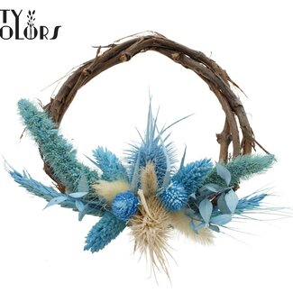 QC Druiventwijg Droogbloemen Krans “Ocean” | Kleur: Blauw | Diameter 15 centimeter | Per 5 kransen