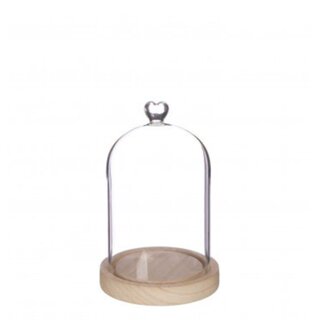 4A Cloche en verre avec cœur sur pied en bois | Couleur : Transparent | Diamètre 12 centimètres | Hauteur 18,5 centimètres | Par cloche