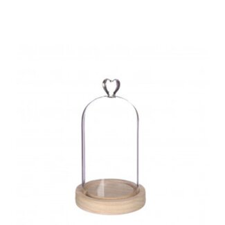 4A Cloche en verre avec cœur sur pied en bois | Couleur : Transparent | Diamètre 10 centimètres | Hauteur 18 centimètres | Par cloche