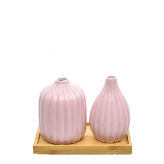 4A Plateau avec 2 petits vases | Couleur : Rose | Longueur 15 centimètres | Largeur 9 centimètres | Hauteur 10 centimètres | Par ensemble