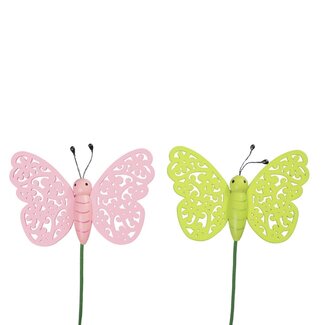 4A Papillon en bois sur tige | Couleur : Rose Vert | Largeur du papillon 8 centimètres | Longueur de la tige ± 20 centimètres | Par 12 tiges