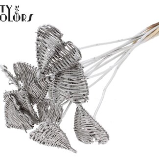 QC Cœur en rotin Lata sur bâton | Couleur : Platine | Lata Heart pique plat | Diamètre 8 centimètres | Longueur ± 50 centimètres | 10 piques par bouquet