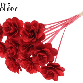 QC Shola Wooden Rose on Stick | Colour: Red | Shola Beetal Rose Flower Stick | Rose Diameter 8 centimetres | Stick Length ± 50 centimetres | 10 sticks per bunch