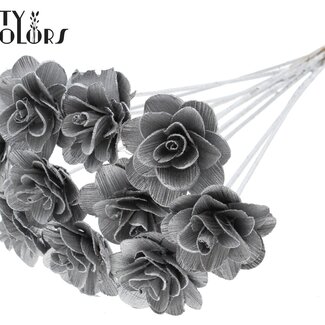 QC Shola Wooden Rose on Stick | Colour: Silver | Shola Beetal Rose Stick | Rose Diameter 8 centimetres | Stick Length ± 50 centimetres | 10 sticks per bunch