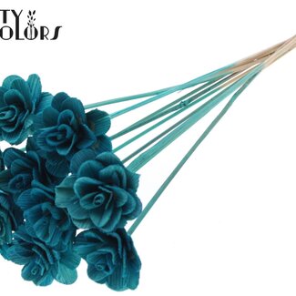 QC Shola Houten Roos op stok | Kleur: Turquoise | Shola Beetal Rose Bijsteker | Diameter roos 6 centimeter | Lengte bijsteker ± 50 centimeter | 10 bijstekers per bos