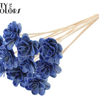 QC Shola Holz Rose mit Wachs auf Stiel | Farbe: Blau | Shola Beetal Rose Steckstab | Durchmesser der Rose 6 Zentimeter | Länge des Steckstabs ± 50 Zentimeter | 10 Steckstäbe pro Bund