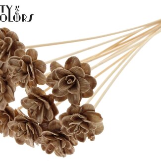 QC Shola Houten Rose avec cire sur tige | Couleur : Beige | Shola Beetal Rose Pique-fleur | Diamètre de la rose 6 centimètres | Longueur du pique-fleur ± 50 centimètres | 10 piques-fleurs par bouquet