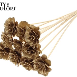 QC Shola Wooden Rose on Stem | Colour: Antique Gold | Shola Beetal Rose Stick | Rose Diameter 6 centimetres | Stick Length ± 50 centimetres | 10 sticks per bunch