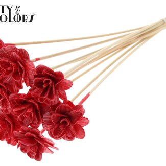 QC Shola Houten Roos met was op stok | Kleur: Rood | Shola Beetal Rose Bijsteker | Diameter roos 6 centimeter | Lengte bijsteker ± 50 centimeter | 10 bijstekers per bos