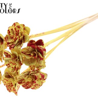 QC Shola Houten Rose sur tige | Couleur : Moucheté Rouge Jaune | Shola Beetal Rose Pique-fleur | Diamètre de la rose 6 centimètres | Longueur du pique-fleur ± 50 centimètres | 10 piques-fleurs par bouquet