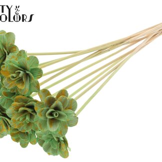 QC Shola Wooden Rose on Stick | Colour: Speckled Mint Yellow | Shola Beetal Rose Stick | Rose Diameter 6 centimetres | Stick Length ± 50 centimetres | 10 sticks per bunch