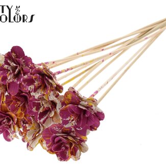 QC Shola Wooden Rose on Stick | Colour: Multicoloured Cherry-Coloured Yellow | Shola Beetal Rose Stick | Rose Diameter 6 centimetres | Stick Length ± 50 centimetres | 10 sticks per bunch