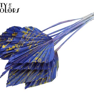 QC Gedroogde Palm Spear | Kleur: Gespetterd Blauw Geel | Palmbladeren in Speervorm | Lengte ± 55 centimeter | 10 takken per bos | Per bos