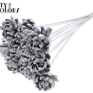 QC Shola Houten Rose sur tige | Couleur : Argenté | Shola New Beauty Rose Pique-fleurs | Diamètre de la rose 6 centimètres | Longueur du pique-fleurs ± 50 centimètres | 10 piques-fleurs par bouquet