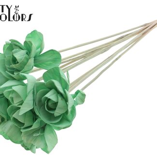 QC Shola Wooden Rose on Stem | Colour: Mint Green | Shola Dear Holly Stick | Rose Diameter 6 centimetres | Stick Length ± 50 centimetres | 10 sticks per bunch