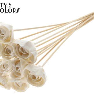 QC Shola Houten met was Roos op stok | Kleur: Wit | Shola Dear Holly Bijsteker | Diameter roos 6 centimeter | Lengte bijsteker ± 50 centimeter | 10 bijstekers per bos