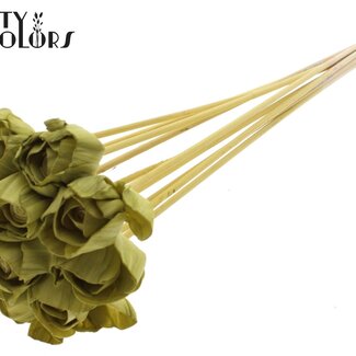 QC Shola Houten Rose auf Stiel | Farbe: Olivgrün | Shola Dear Holly Steckstab | Durchmesser der Rose 6 Zentimeter | Länge des Steckstabs ± 50 Zentimeter | 10 Steckstäbe pro Bund