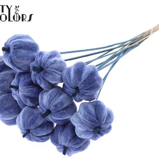 QC Velvet Pumpkin on a Stick | Colour: Blue | Pumpkin Pick | Pumpkin Diameter 6 centimetres | Length ± 50 centimetres | 10 picks per bunch