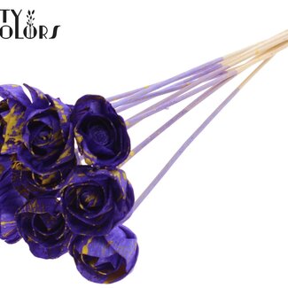 QC Shola Houten Roos op stok | Kleur: Gespetterd Paars Geel | Shola Dear Holly Bijsteker | Diameter roos 6 centimeter | Lengte bijsteker ± 50 centimeter | 10 bijstekers per bos