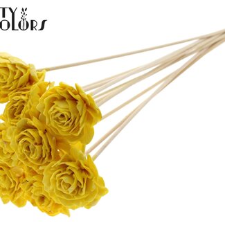 QC Shola Houten mit Dahlie auf Stiel | Farbe: Gelb | Shola Dahlie Steckstab | Durchmesser Blume 6 Zentimeter | Länge Steckstab ± 50 Zentimeter | 10 Steckstäbe pro Bund