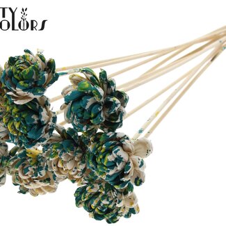 QC Shola Houten Roos op stok | Kleur: Meerkleurig Groen Geel | Shola New Beauty Rose Bijsteker | Diameter roos 6 centimeter | Lengte bijsteker ± 50 centimeter | 10 bijstekers per bos