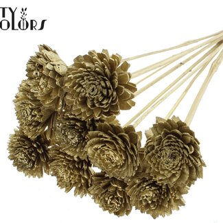 QC Shola Houten Zinnia sur tige | Couleur : Doré | Shola Zinia Piquet décoratif | Diamètre de la fleur 6 centimètres | Longueur du piquet décoratif ± 50 centimètres | 10 piquets décoratifs par bouquet