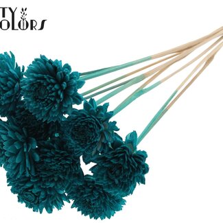 QC Shola Wooden Zinnia on a stick | Colour: Turquoise | Shola Zinnia Flower Stick | Flower diameter 6 centimetres | Stick length ± 50 centimetres | 10 sticks per bunch