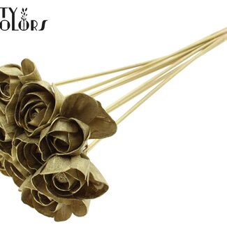 QC Shola Wooden Rose on stem | Colour: Gold-coloured | Shola Dear Holly Pick | Rose diameter 6 centimetres | Pick length ± 50 centimetres | 10 picks per bunch