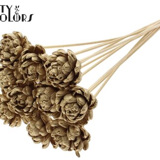 QC Shola Houten Roos op stok | Kleur: Antiek Goudkleurig | Shola New Beauty Rose Bijsteker | Diameter roos 6 centimeter | Lengte bijsteker ± 50 centimeter | 10 bijstekers per bos