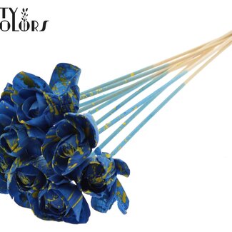QC Shola Wooden Rose on Stick | Colour: Speckled Blue Yellow | Shola Dear Holly Stick | Rose diameter 6 centimetres | Stick length ± 50 centimetres | 10 sticks per bunch