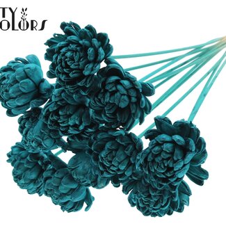 QC Shola Houten Roos op stok | Kleur: Turquoise | Shola New Beauty Rose Bijsteker | Diameter roos 8 centimeter | Lengte bijsteker ± 50 centimeter | 10 bijstekers per bos