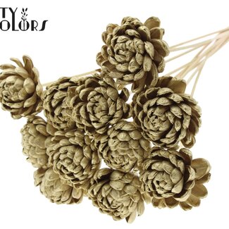 QC Shola Wooden Rose on Stick | Colour: Gold | Shola New Beauty Rose Stick | Rose Diameter 8 centimetres | Stick Length ± 50 centimetres | 10 sticks per bunch