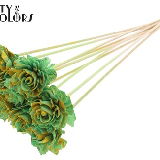 QC Shola Houten Dahlia sur tige | Couleur : Éclaboussé Vert menthe Jaune | Shola Dahlia Piquet décoratif | Diamètre de la fleur 6 centimètres | Longueur du piquet ± 50 centimètres | 10 piquets par bouquet