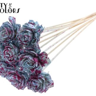 QC Shola Houten Dahlie auf Stiel | Farbe: Gesprenkelt Hellblau Kirschfarben | Shola Dahlie Stecker | Durchmesser Blume 6 Zentimeter | Länge Stecker ± 50 Zentimeter | 10 Stecker pro Bund