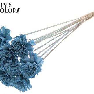 QC Shola Wooden Carnation Flower on stick | Colour: Light Blue | Shola Carnation Flower Stick | Flower diameter 6 centimetres | Stick length ± 50 centimetres | 10 sticks per bunch