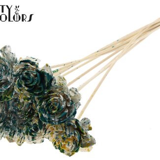 QC Shola Wooden Dahlia on a stick | Colour: Multicoloured Green Yellow | Shola Dahlia Flower Stick | Flower diameter 6 centimetres | Stick length ± 50 centimetres | 10 sticks per bunch