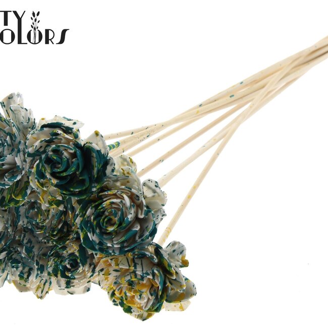 Shola Houten Dahlia sur tige | Couleur : Multicolore Vert Jaune | Shola Dahlia Piquet décoratif | Diamètre de la fleur 6 centimètres | Longueur du piquet décoratif ± 50 centimètres | 10 piquets décoratifs par bouquet