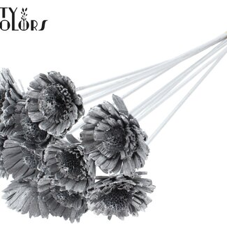 QC Shola Houten Madelief Zonnebloem sur tige | Couleur : Argenté | Shola Daisy Tournesol Piquet | Diamètre de la fleur 6 centimètres | Longueur du piquet ± 50 centimètres | 10 piquets par bouquet