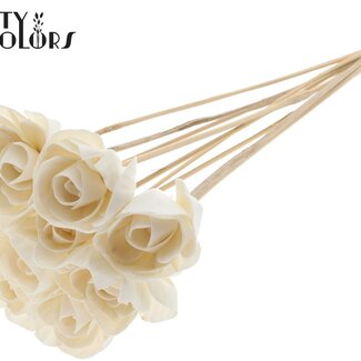 QC Shola Houten Rose sur tige | Couleur : Blanc Naturel | Shola Dear Holly Pique-fleur | Diamètre de la rose 6 centimètres | Longueur du pique-fleur ± 50 centimètres | 10 piques-fleurs par bouquet