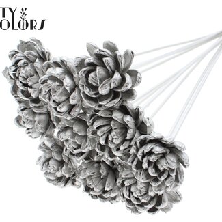 QC Shola Houten Rose sur tige | Couleur : Platine | Shola New Beauty Rose Piquet | Diamètre de la rose 6 centimètres | Longueur du piquet ± 50 centimètres | 10 piquets par bouquet