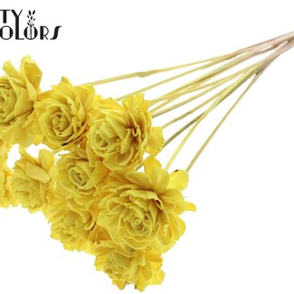 QC Shola Wooden Dahlia on stick | Colour: Yellow | Shola Dahlia Insert Stick | Flower diameter 6 centimetres | Insert stick length ± 50 centimetres | 10 insert sticks per bunch